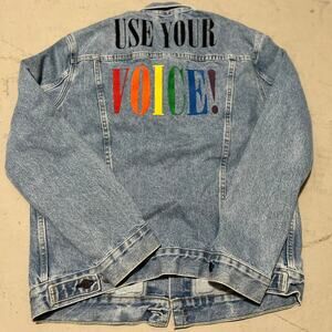 **Levi's Rainbow Gay Pride Denim Trucker Jacket "Use Your Voice" Embroidered**